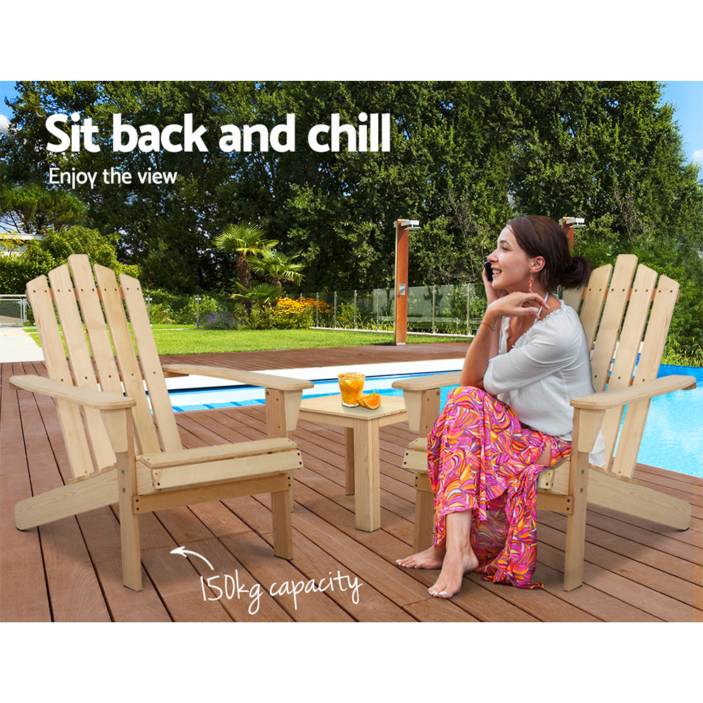 Outdoor Chairs: Gardeon 3PC Adirondack Outdoor Table and Chairs Wooden Beach Chair Natural