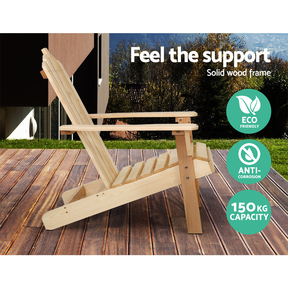 Outdoor Chairs: Gardeon 3PC Adirondack Outdoor Table and Chairs Wooden Beach Chair Natural