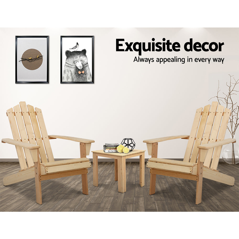 Outdoor Chairs: Gardeon 3PC Adirondack Outdoor Table and Chairs Wooden Beach Chair Natural