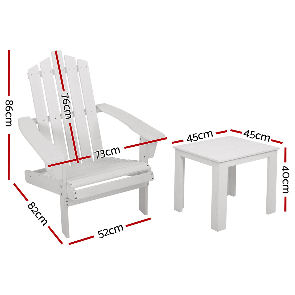 Outdoor Sofas & Lounge Sets: Gardeon 3PC Adirondack Outdoor Table and Chairs Wooden Beach Chair White
