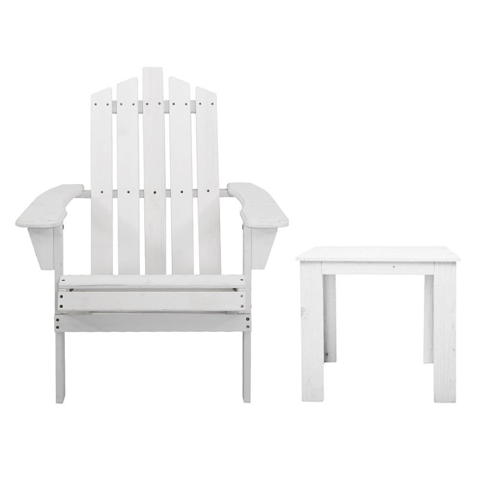 Outdoor Sofas & Lounge Sets: Gardeon 3PC Adirondack Outdoor Table and Chairs Wooden Beach Chair White