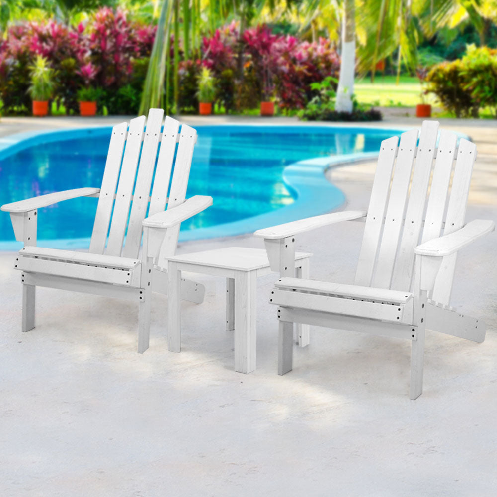 Outdoor Sofas & Lounge Sets: Gardeon 3PC Adirondack Outdoor Table and Chairs Wooden Beach Chair White