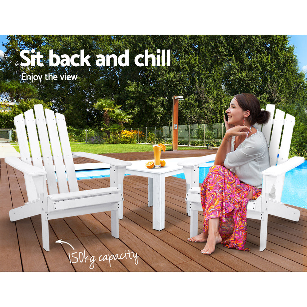 Outdoor Sofas & Lounge Sets: Gardeon 3PC Adirondack Outdoor Table and Chairs Wooden Beach Chair White