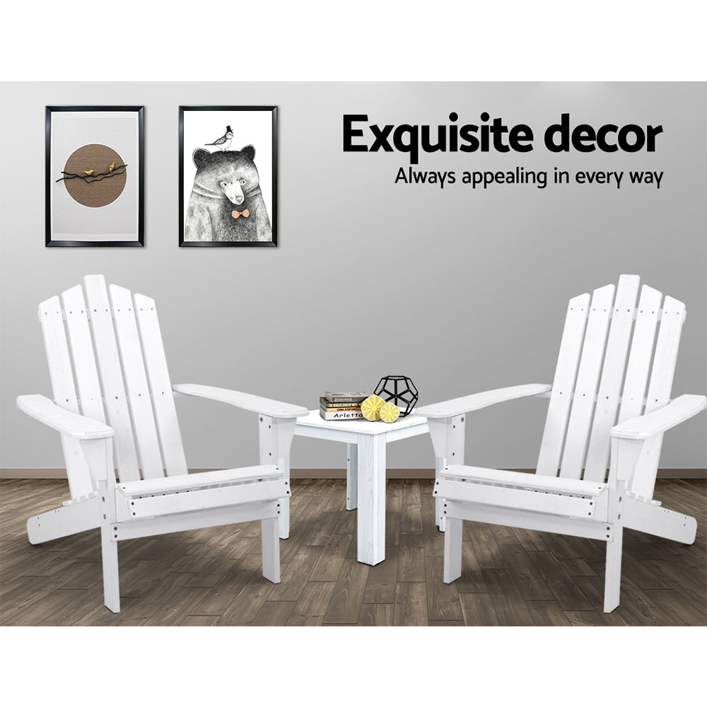 Outdoor Sofas & Lounge Sets: Gardeon 3PC Adirondack Outdoor Table and Chairs Wooden Beach Chair White