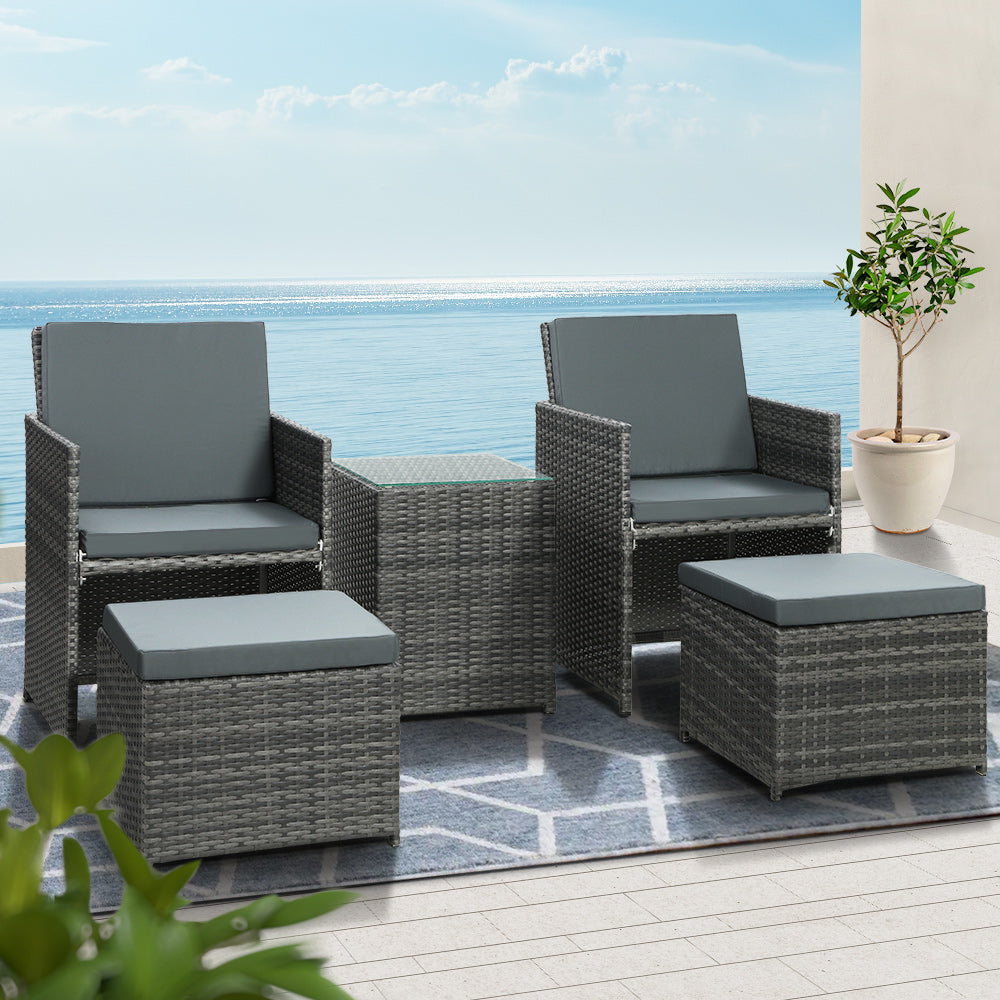 Outdoor Chairs: Gardeon 5PC Bistro Set Wicker Table and Chairs Ottoman Outdoor Furniture Grey