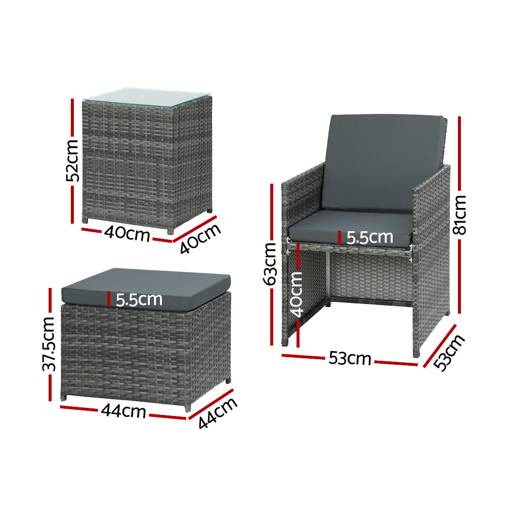 Outdoor Chairs: Gardeon 5PC Bistro Set Wicker Table and Chairs Ottoman Outdoor Furniture Grey