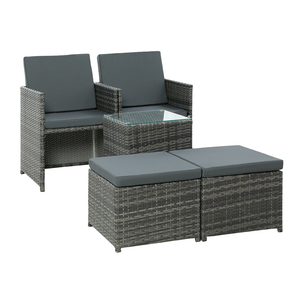 Outdoor Chairs: Gardeon 5PC Bistro Set Wicker Table and Chairs Ottoman Outdoor Furniture Grey