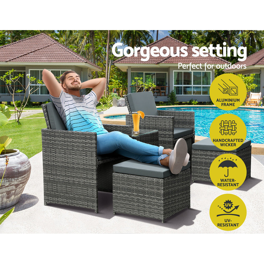 Outdoor Chairs: Gardeon 5PC Bistro Set Wicker Table and Chairs Ottoman Outdoor Furniture Grey