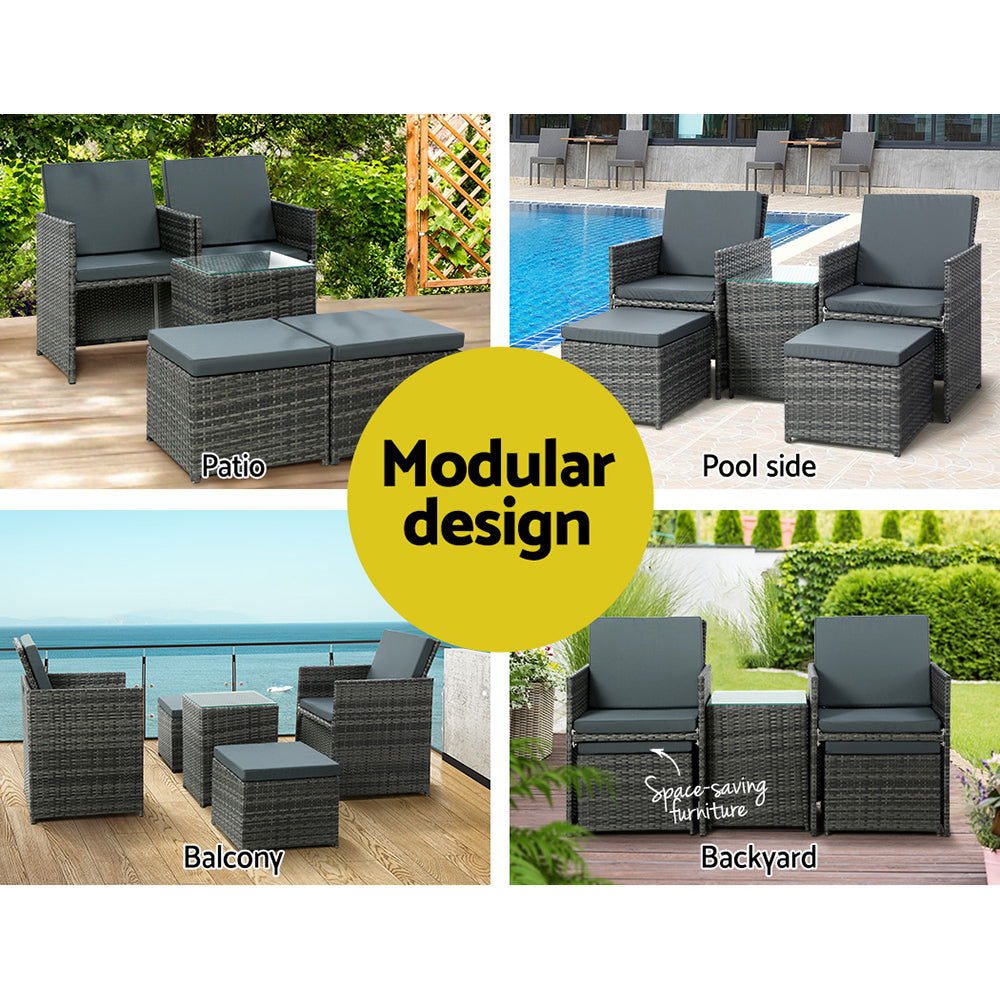 Outdoor Chairs: Gardeon 5PC Bistro Set Wicker Table and Chairs Ottoman Outdoor Furniture Grey