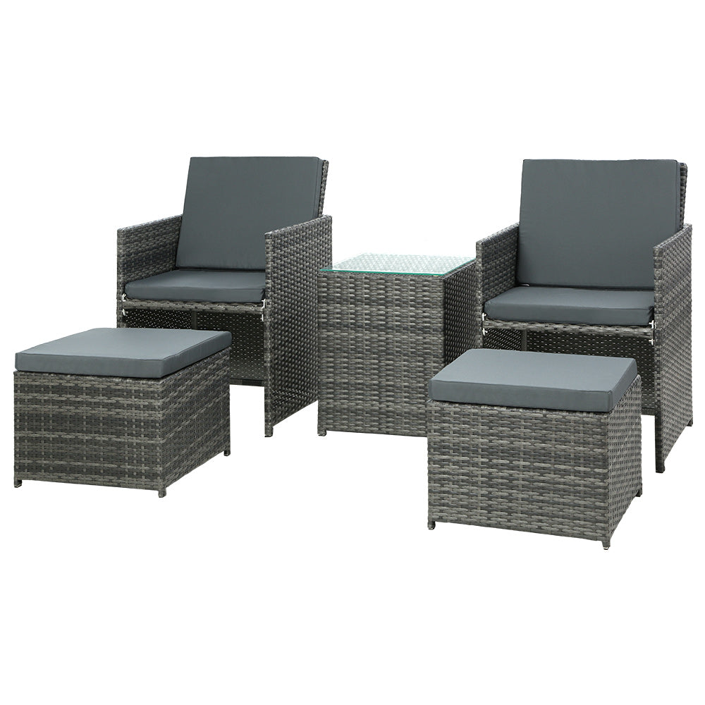 Outdoor Chairs: Gardeon 5PC Bistro Set Wicker Table and Chairs Ottoman Outdoor Furniture Grey