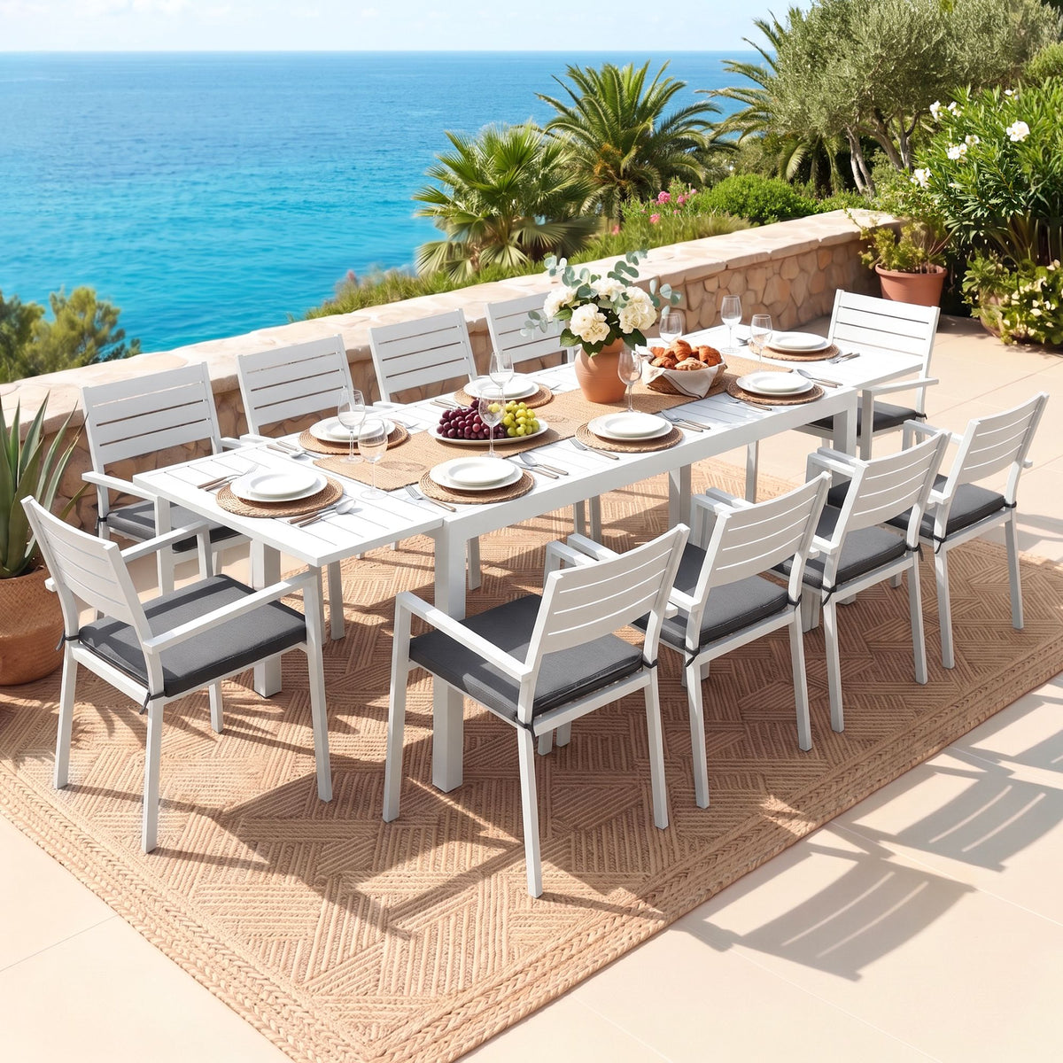 Gardeon Outdoor Dining Set 11PCS Aluminum Extendable Table, White