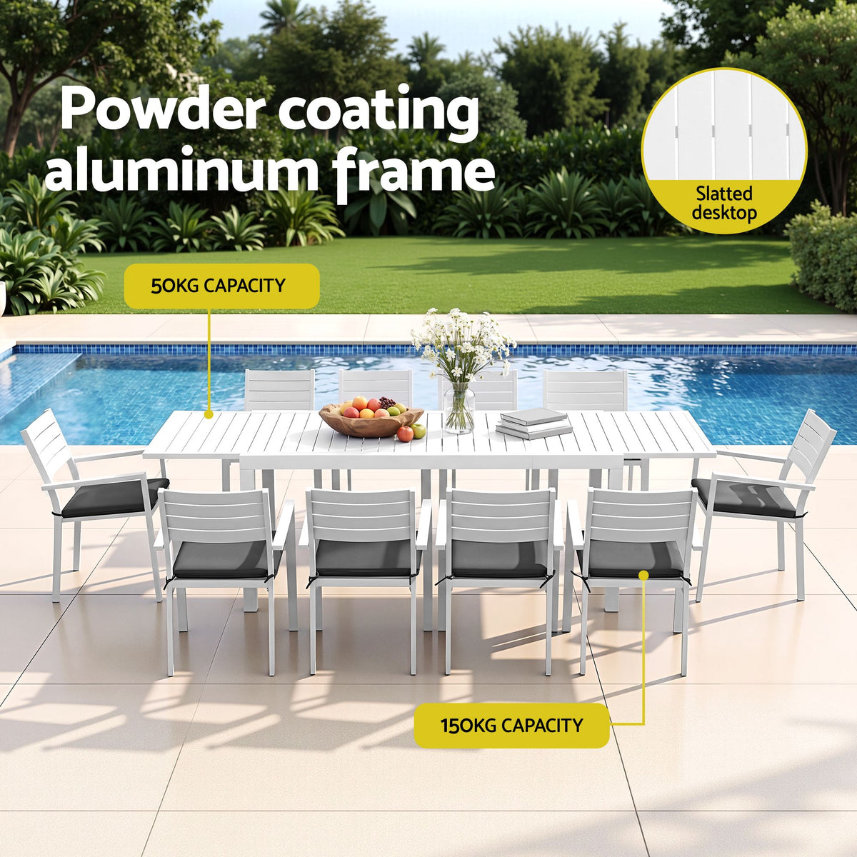 Gardeon Outdoor Dining Set 11PCS Aluminum Extendable Table, White