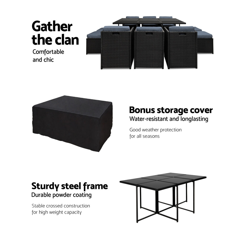 Outdoor Dining Sets: Gardeon Outdoor Dining Set 11 Piece Wicker Table Chairs Setting Black