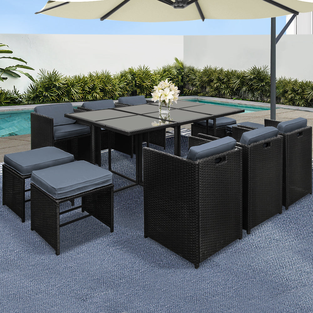 Outdoor Dining Sets: Gardeon Outdoor Dining Set 11 Piece Wicker Table Chairs Setting Black