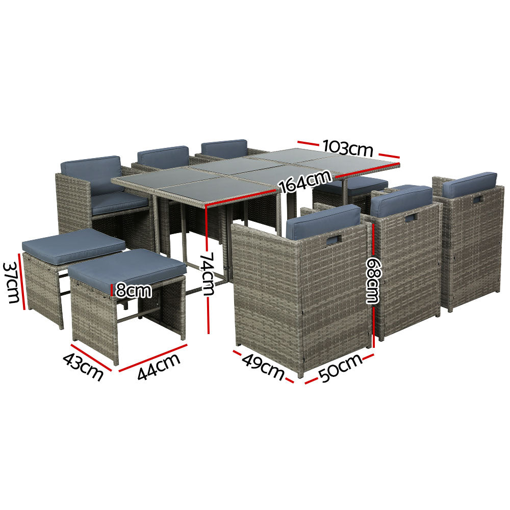Outdoor Chairs: Gardeon Outdoor Dining Set 11 Piece Wicker Table Chairs Setting Grey