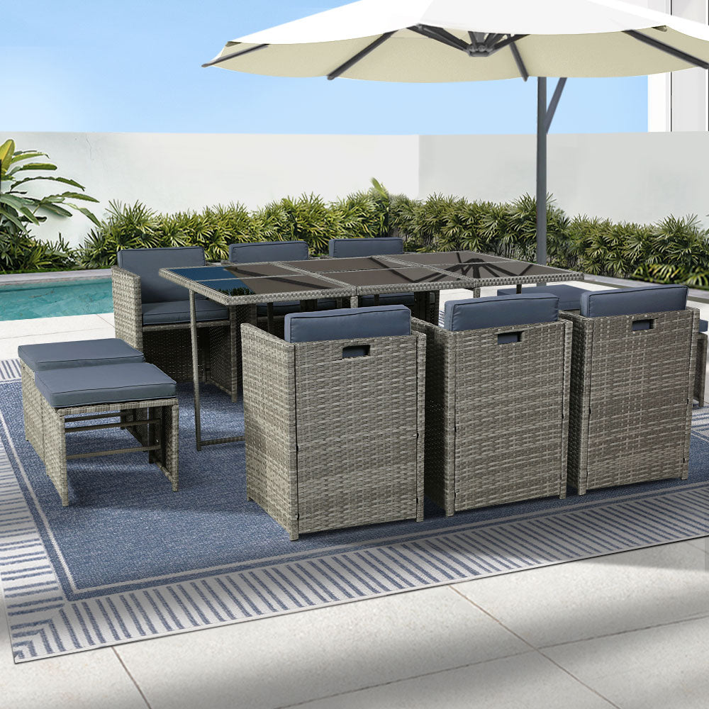 Outdoor Chairs: Gardeon Outdoor Dining Set 11 Piece Wicker Table Chairs Setting Grey