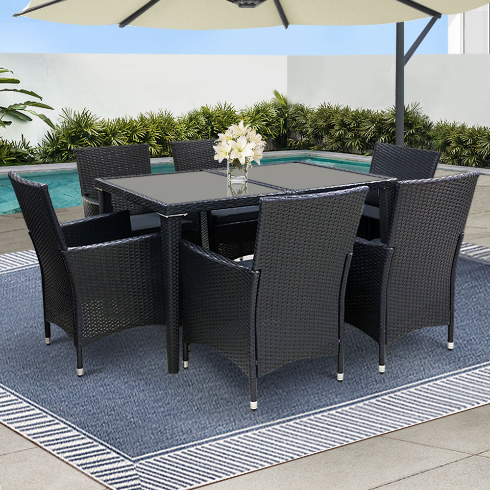 Outdoor Sofas & Lounge Sets: Gardeon Outdoor Dining Set 7 Piece Wicker Lounge Setting Black
