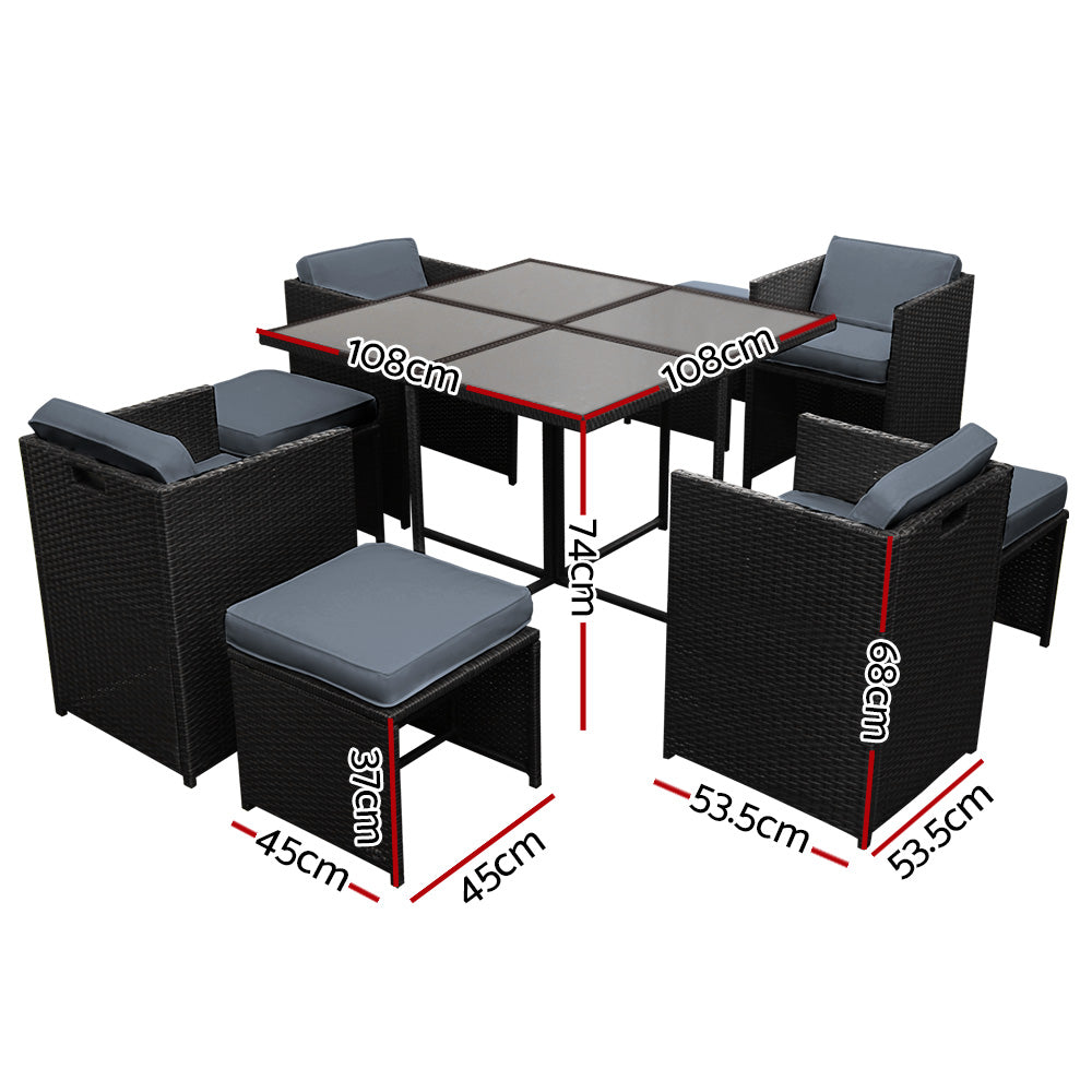 Outdoor Dining Sets: Gardeon Outdoor Dining Set 9 Piece Wicker Table Chairs Setting Black
