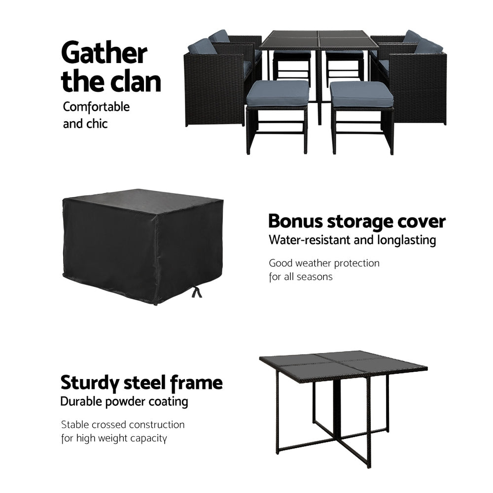 Outdoor Dining Sets: Gardeon Outdoor Dining Set 9 Piece Wicker Table Chairs Setting Black