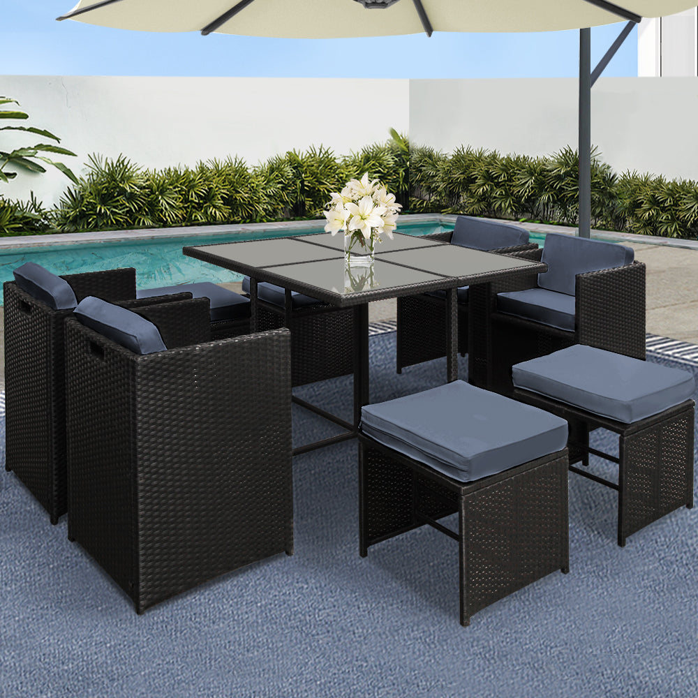 Outdoor Dining Sets: Gardeon Outdoor Dining Set 9 Piece Wicker Table Chairs Setting Black