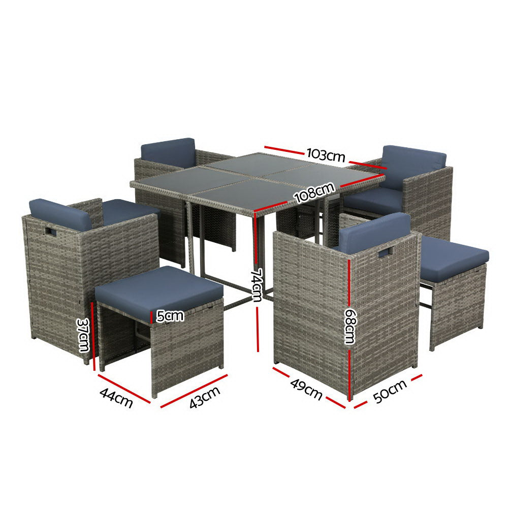 Outdoor Chairs: Gardeon Outdoor Dining Set 9 Piece Wicker Table Chairs Setting Grey