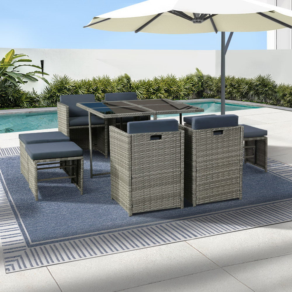 Outdoor Chairs: Gardeon Outdoor Dining Set 9 Piece Wicker Table Chairs Setting Grey