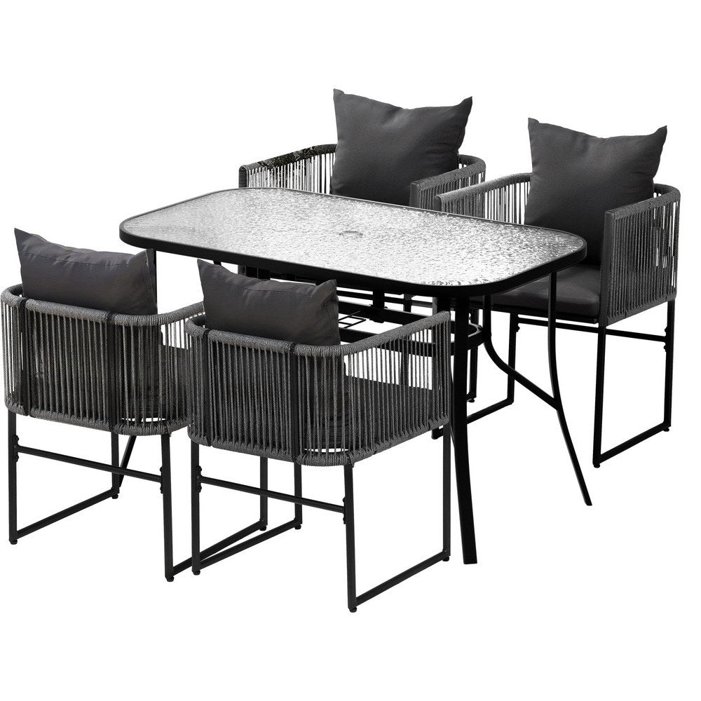 Dining Set: Gardeon 5PCS Outdoor Dining Set Table and Chairs Rope Patio Furniture Garden Black