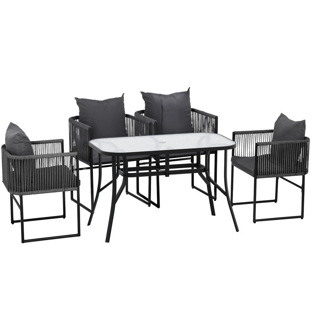 Dining Set: Gardeon 5PCS Outdoor Dining Set Table and Chairs Rope Patio Furniture Garden Black