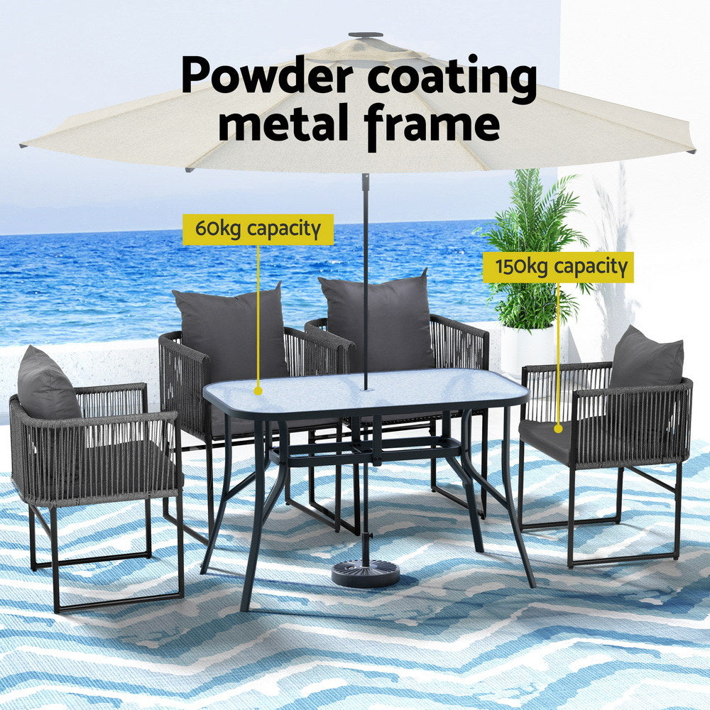 Dining Set: Gardeon 5PCS Outdoor Dining Set Table and Chairs Rope Patio Furniture Garden Black