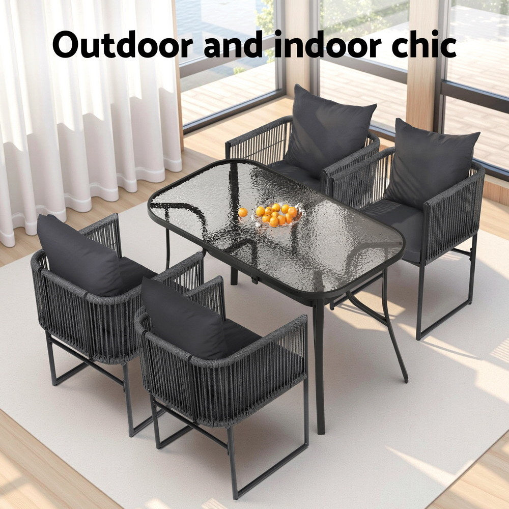 Dining Set: Gardeon 5PCS Outdoor Dining Set Table and Chairs Rope Patio Furniture Garden Black