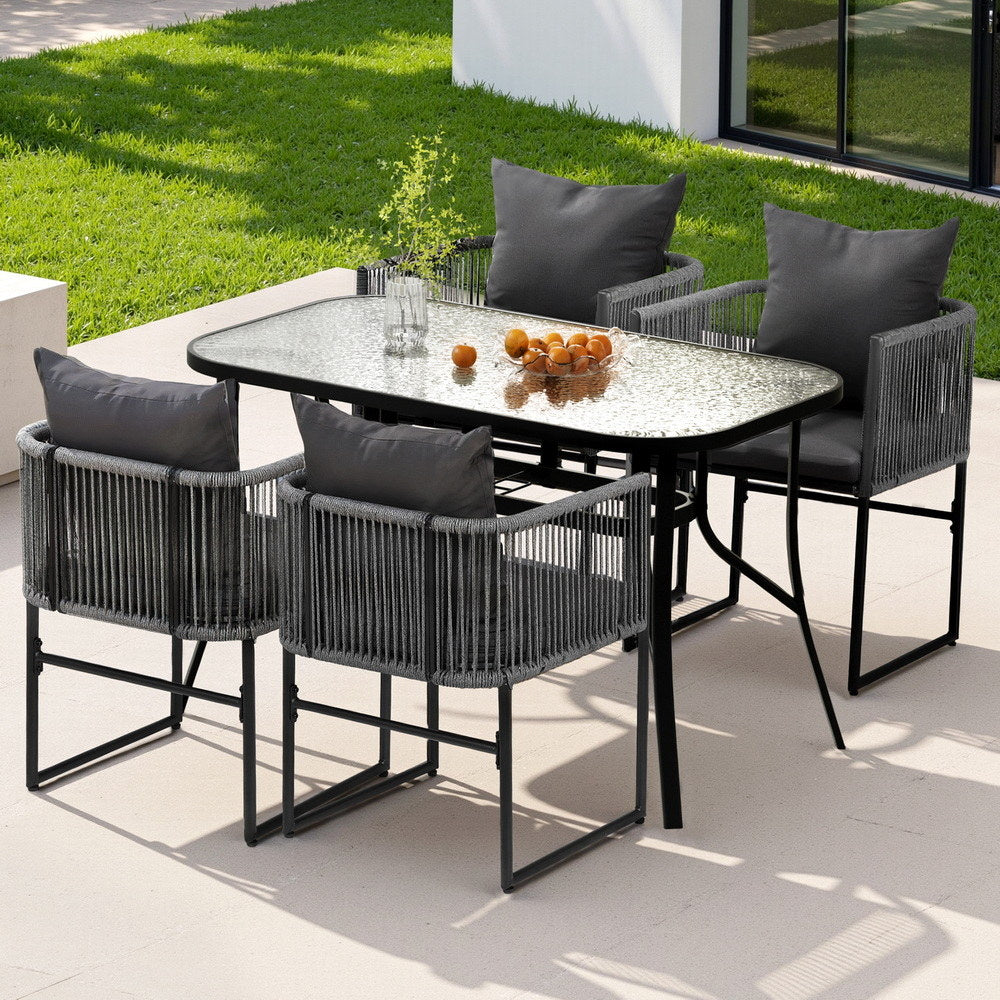 Dining Set: Gardeon 5PCS Outdoor Dining Set Table and Chairs Rope Patio Furniture Garden Black