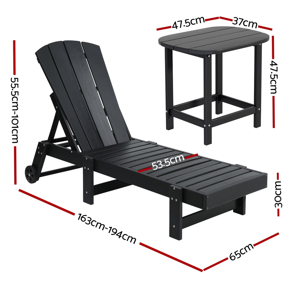 Outdoor Chairs: Gardeon Sun Lounge Lounger Table and Chairs Beach Chair HDPE Patio Outdoor Furniture Wheels Black
