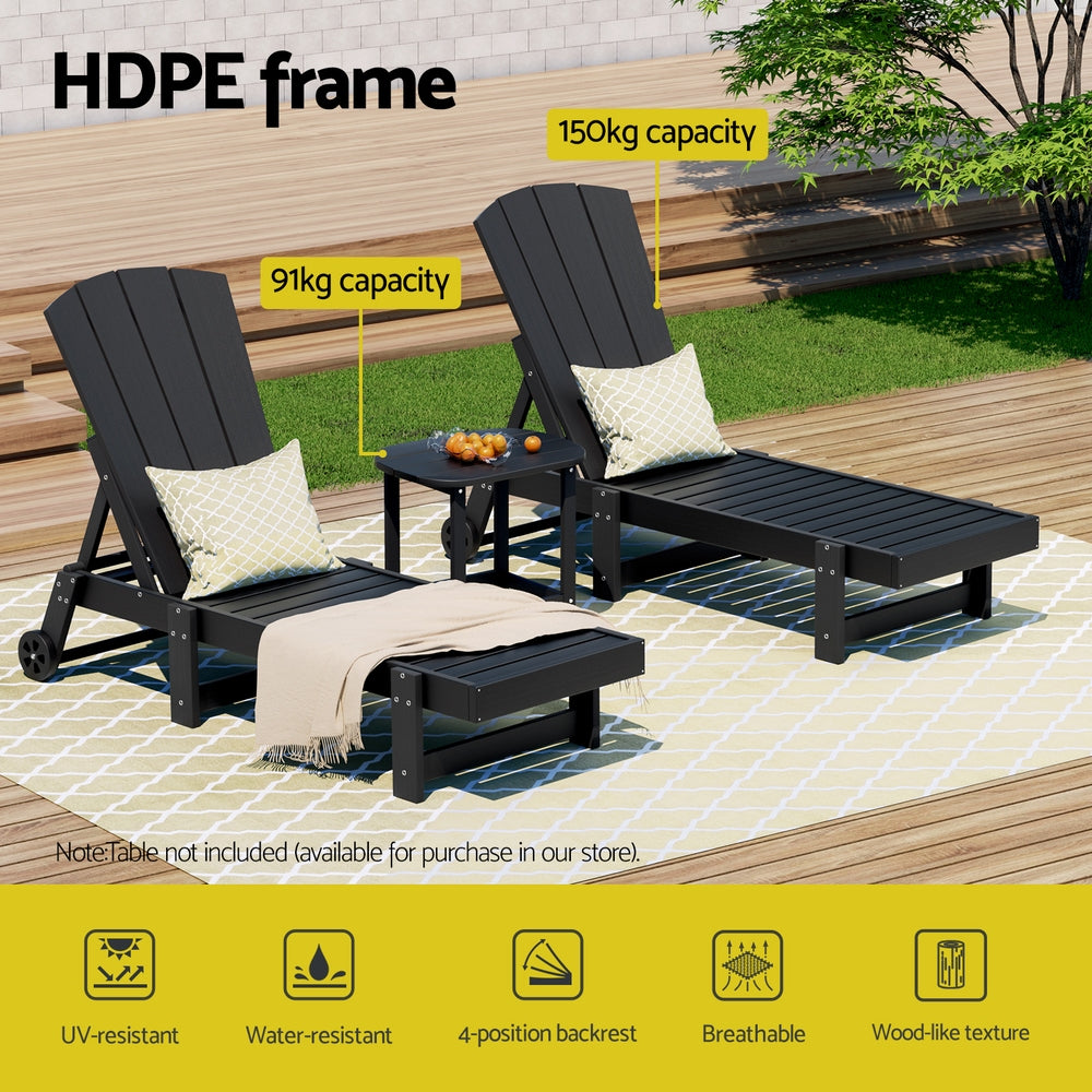 Outdoor Chairs: Gardeon Sun Lounge Lounger Table and Chairs Beach Chair HDPE Patio Outdoor Furniture Wheels Black