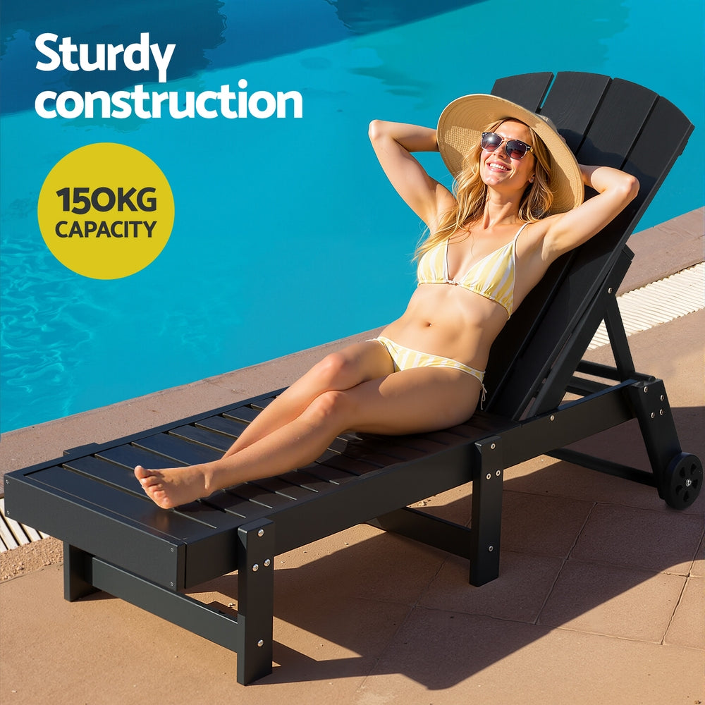 Outdoor Chairs: Gardeon Sun Lounge Lounger Table and Chairs Beach Chair HDPE Patio Outdoor Furniture Wheels Black