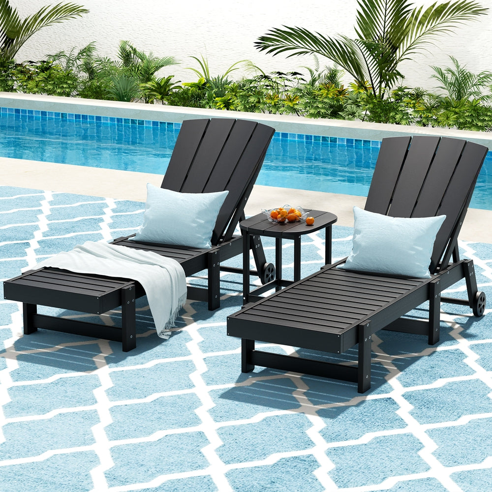 Outdoor Chairs: Gardeon Sun Lounge Lounger Table and Chairs Beach Chair HDPE Patio Outdoor Furniture Wheels Black