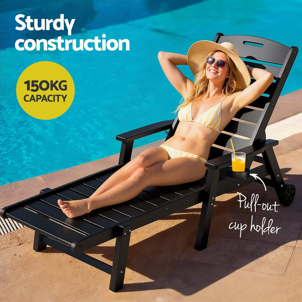 Outdoor Chairs: Gardeon Sun Lounge Lounger Beach Chair HDPE Patio Outdoor Furniture with Wheels Black