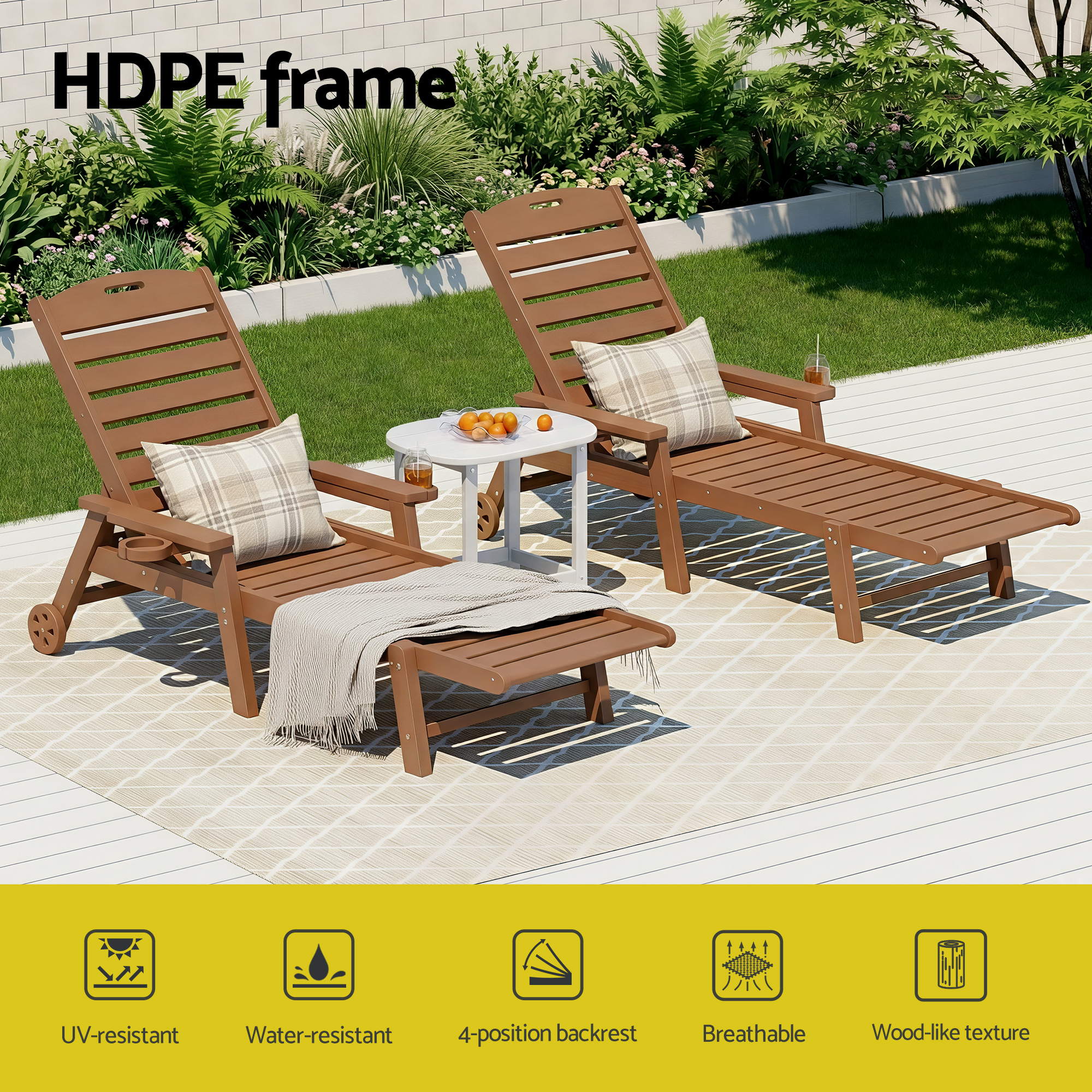 Gardeon Sun Lounge Lounger Table and Chairs Beach Chair HDPE Patio Outdoor Furniture Wheels Brown