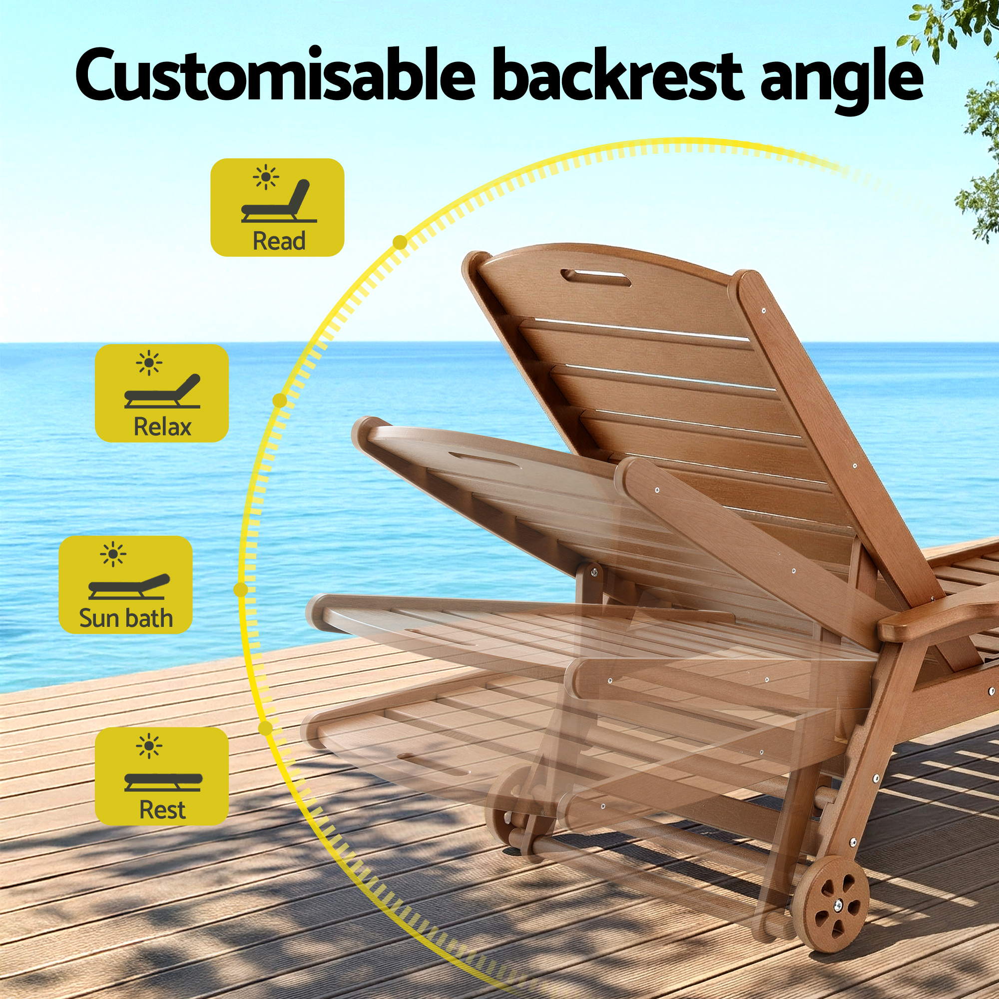 Gardeon Sun Lounge Lounger Table and Chairs Beach Chair HDPE Patio Outdoor Furniture Wheels Brown