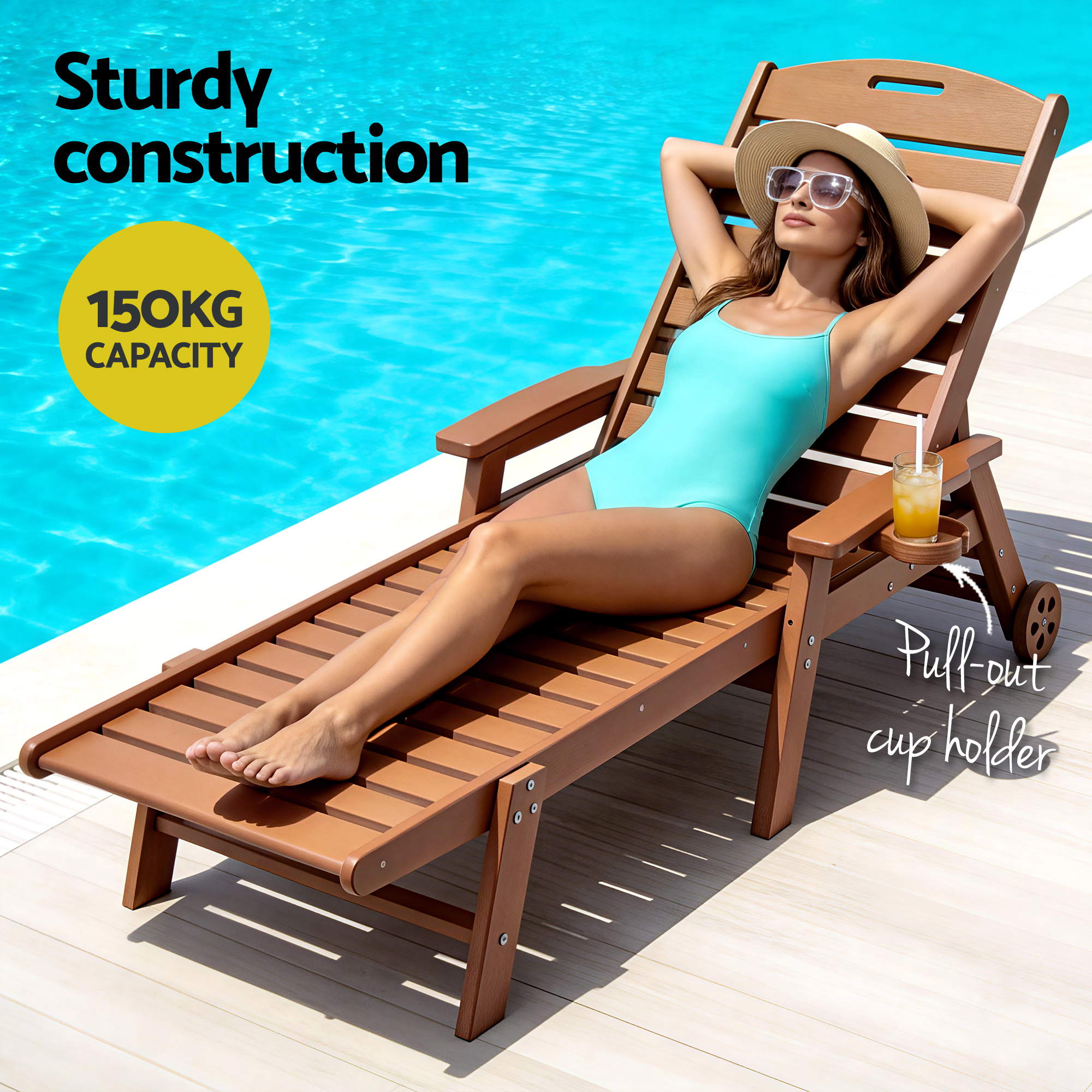 Gardeon Sun Lounge Lounger Table and Chairs Beach Chair HDPE Patio Outdoor Furniture Wheels Brown