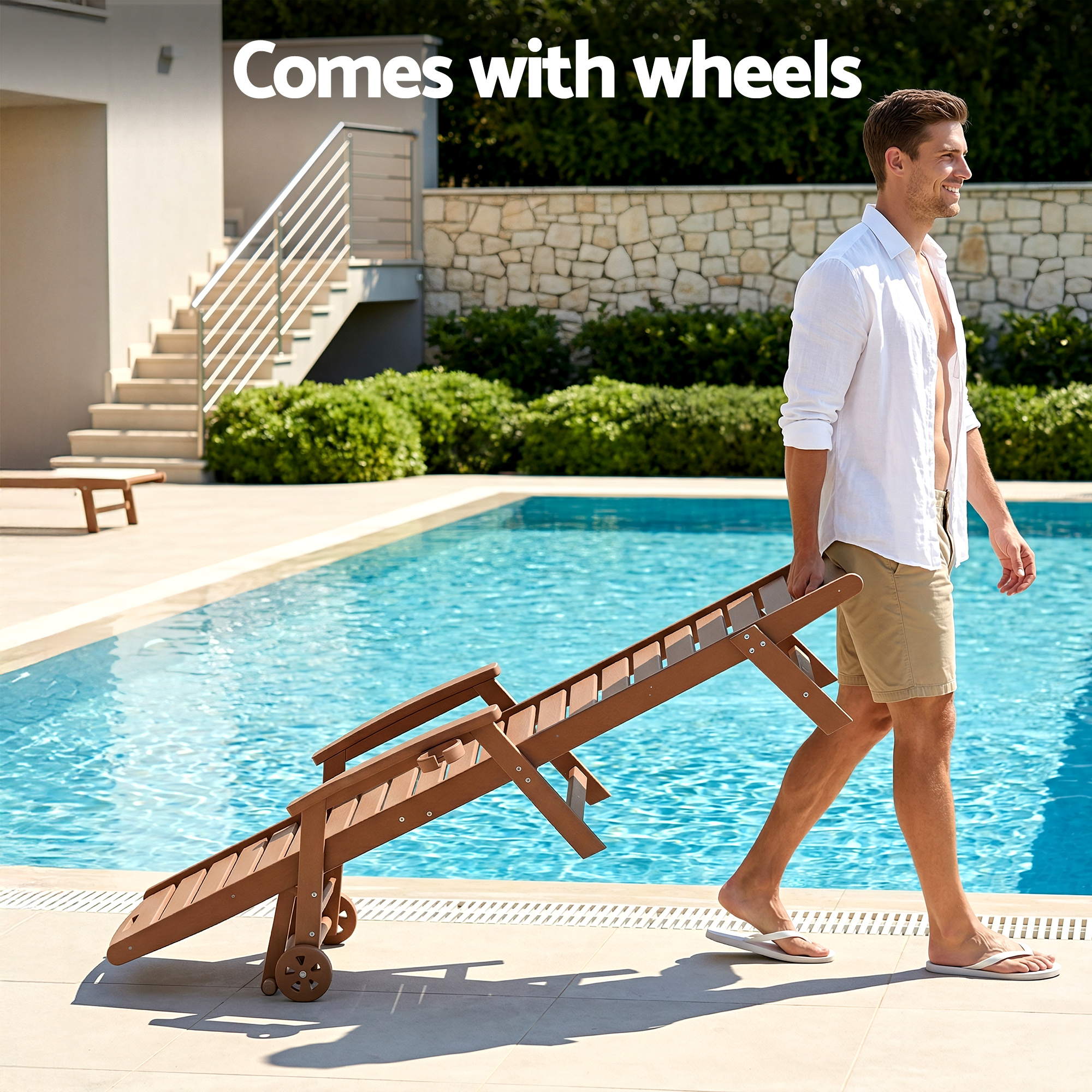 Gardeon Sun Lounge Lounger Table and Chairs Beach Chair HDPE Patio Outdoor Furniture Wheels Brown