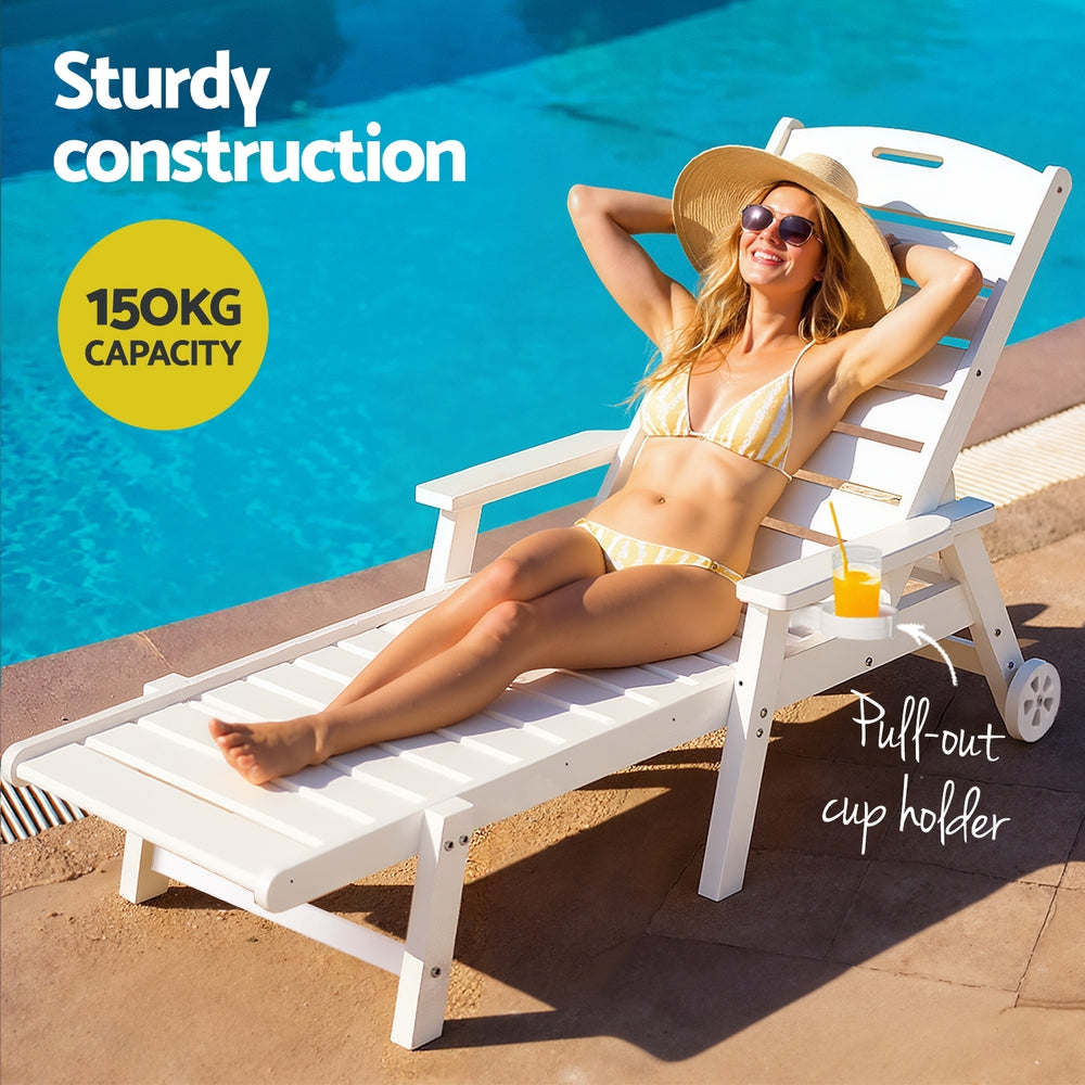 Outdoor Chairs: Gardeon Sun Lounge Lounger Beach Chair HDPE Patio Outdoor Furniture with Wheels White