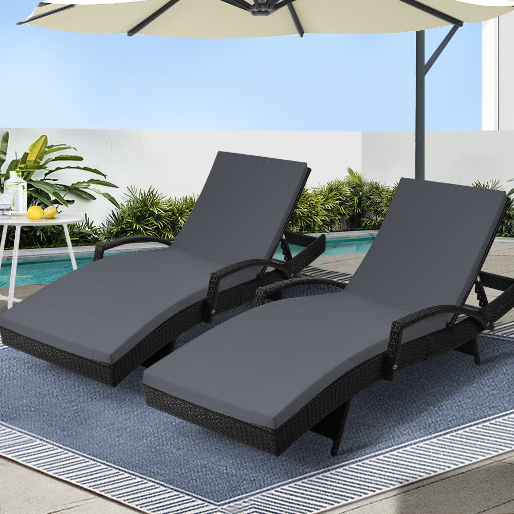 Outdoor Sofas & Lounge Sets: Gardeon 2PC Sun Lounge Wicker Lounger Outdoor Furniture Beach Chair Patio Adjustable Cushion Black