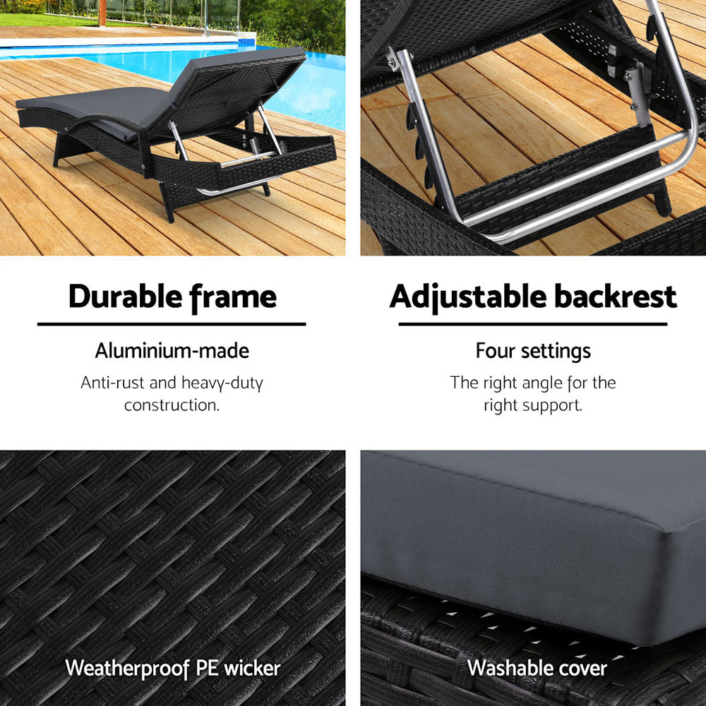 Outdoor Sofas & Lounge Sets: Gardeon 2PC Sun Lounge Wicker Lounger Outdoor Furniture Beach Chair Patio Adjustable Cushion Black
