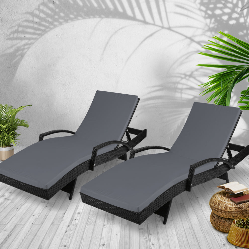 Outdoor Sofas & Lounge Sets: Gardeon 2PC Sun Lounge Wicker Lounger Outdoor Furniture Beach Chair Patio Adjustable Cushion Black
