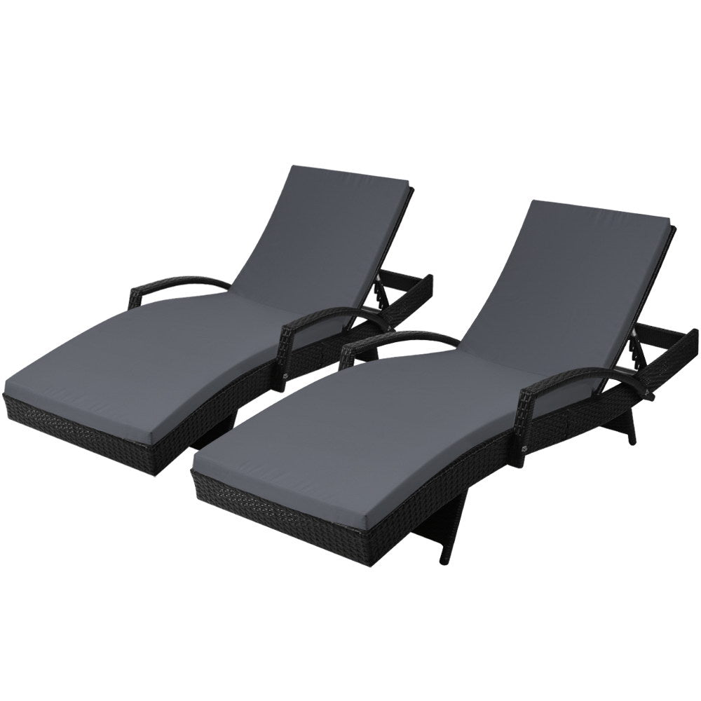 Outdoor Sofas & Lounge Sets: Gardeon 2PC Sun Lounge Wicker Lounger Outdoor Furniture Beach Chair Patio Adjustable Cushion Black