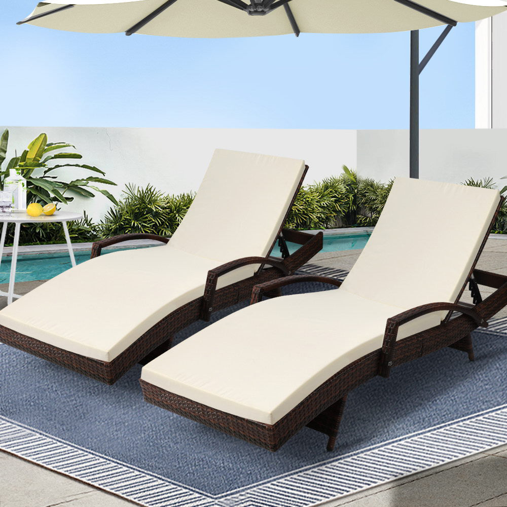 Outdoor Chairs: Gardeon 2PC Sun Lounge Wicker Lounger Outdoor Furniture Beach Chair Patio Adjustable Cushion Brown