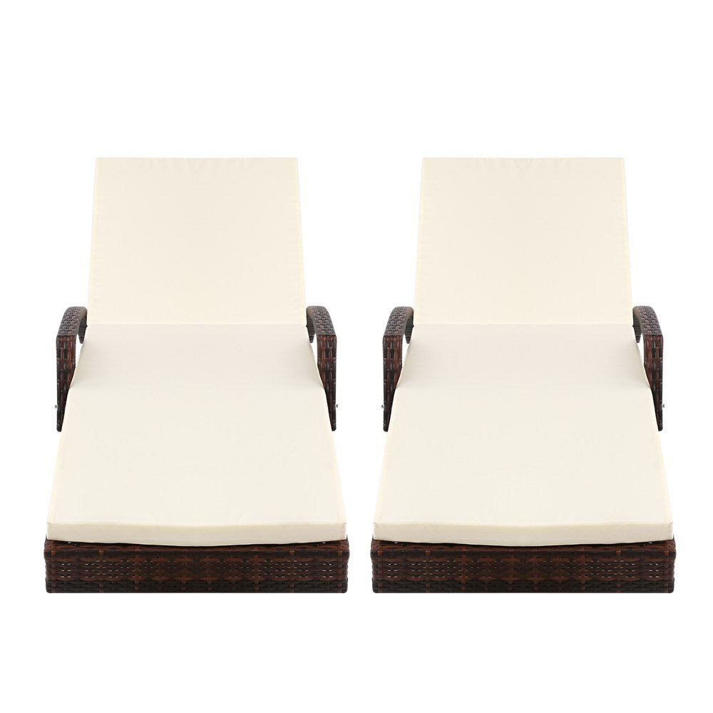 Outdoor Chairs: Gardeon 2PC Sun Lounge Wicker Lounger Outdoor Furniture Beach Chair Patio Adjustable Cushion Brown