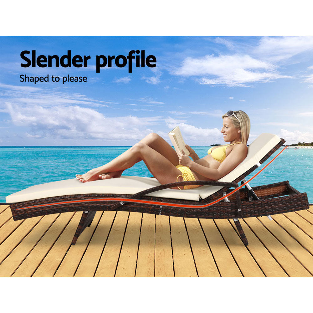 Outdoor Chairs: Gardeon 2PC Sun Lounge Wicker Lounger Outdoor Furniture Beach Chair Patio Adjustable Cushion Brown