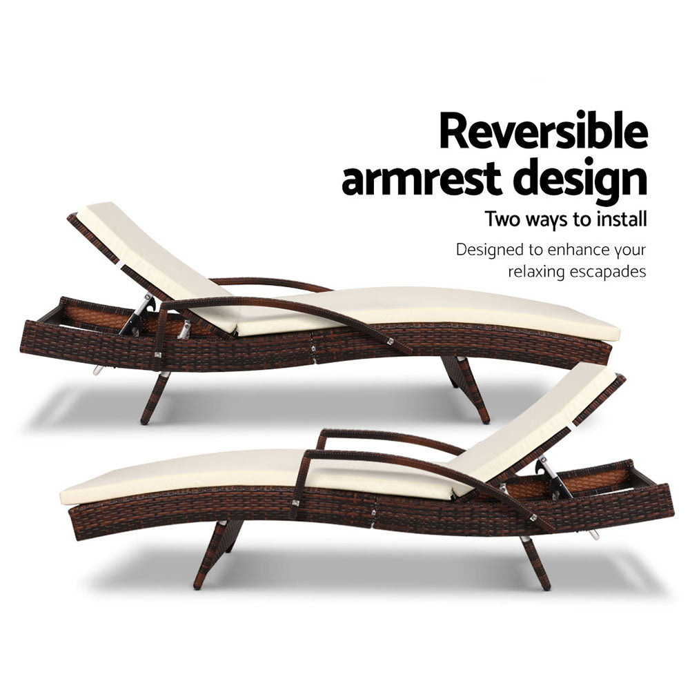Outdoor Chairs: Gardeon 2PC Sun Lounge Wicker Lounger Outdoor Furniture Beach Chair Patio Adjustable Cushion Brown