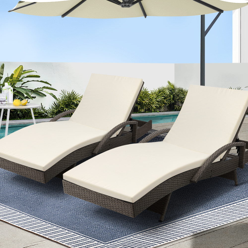 Arm Chairs & Recliners: Gardeon 2PC Sun Lounge Wicker Lounger Outdoor Furniture Beach Chair Adjustable Cushion Grey&Beige
